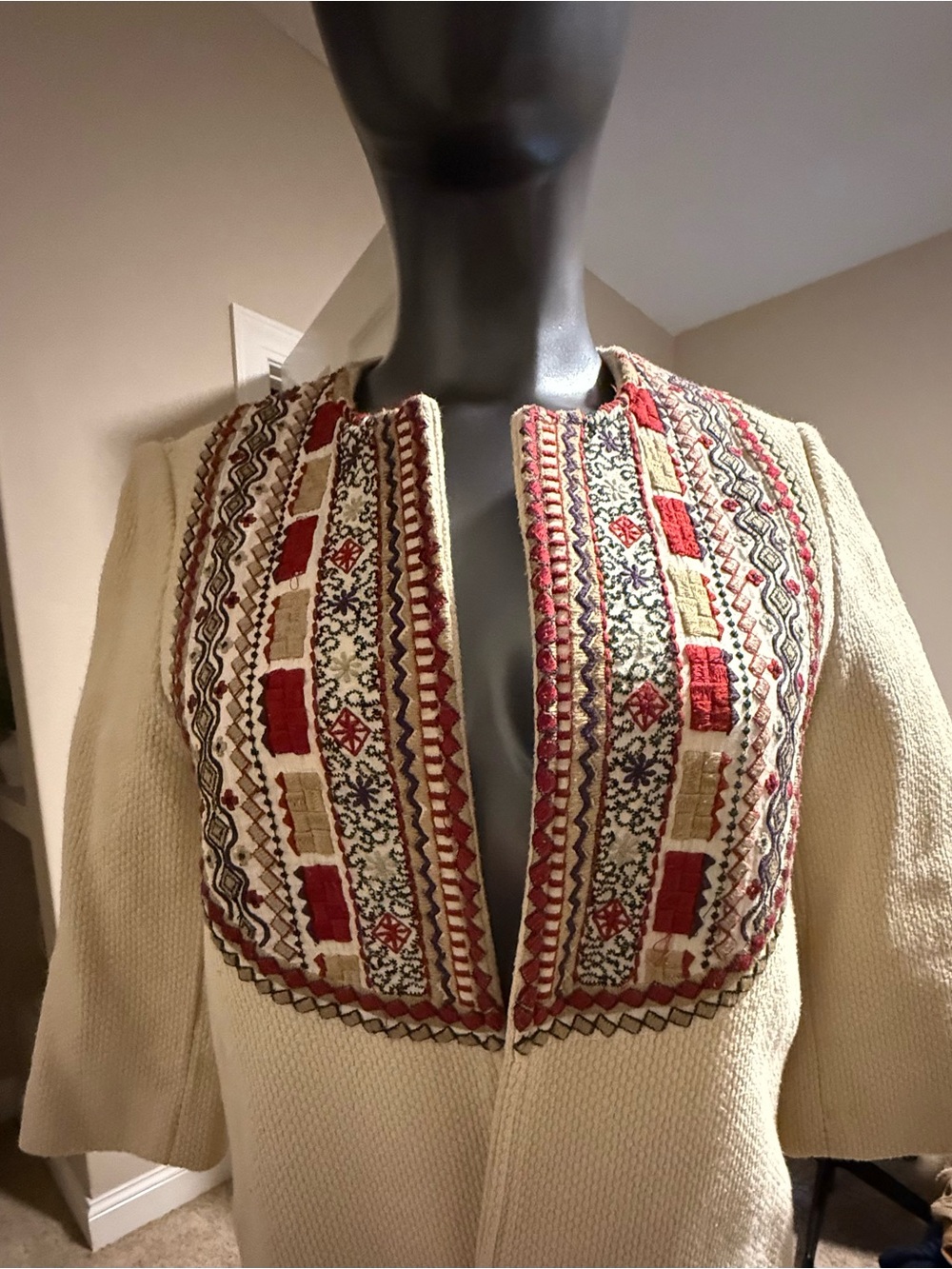 Mango Cream Embroidered Open-Front Jacket with Red & Gold Trim